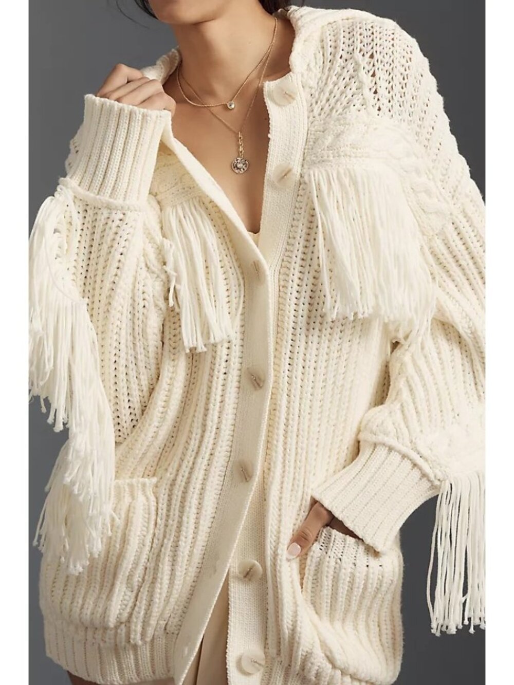 Anthropologie Maeve Fringe Cardigan Chunky Knit Boho Chic Cottagecore Womens XS